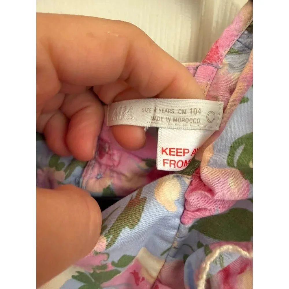 ZARA Girls Floral Dress 4 Years 104cm Blue Pink Flower Puff Sleeve Vintage